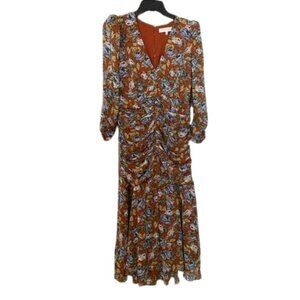 Floret Studios Dress S Floral Print Ruched Puff Shoulder Midi Dress